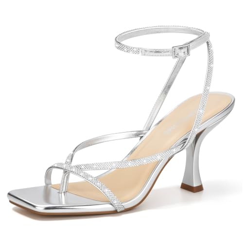 Image of Carcuume Womens Kitten Heels Square Toe Thong Strappy Ankle Strap Stiletto Heel Sandals