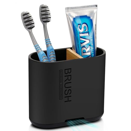 Toothbrush and Toothpaste Holder with Bamboo Divider for Bathroom Countertop Organizer Detachable for Easy Clean 2 Slots Electric Toothbrush Holders Storage Caddy Drainage for Family-Black