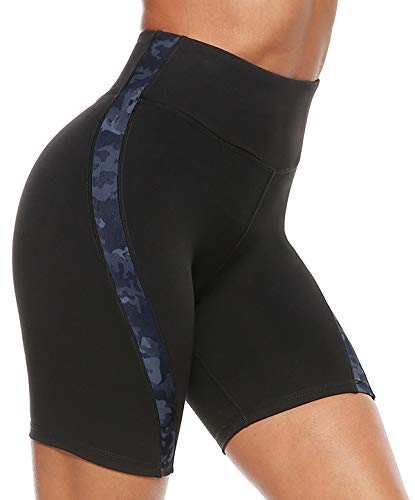 Persit Yoga Shorts for Women with Pockets High Waisted Spandex Athletic Workout Shorts, Printed Exercise Running Biker Shorts - BlackCamo - S