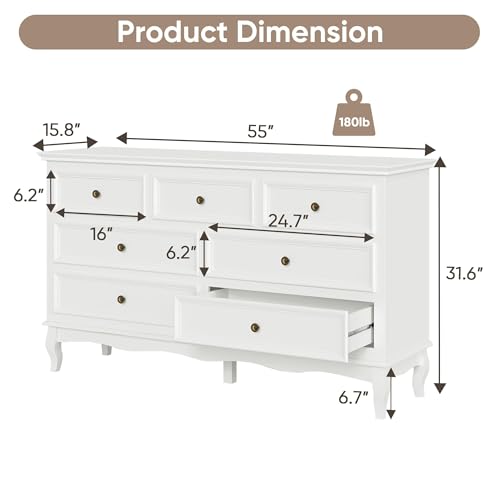 RoyalCraft White 7 Drawer Dresser for Bedroom, Modern Chest of Drawers with Solid Wood Legs and Painted Finish, Wooden Storage Closet Cabinet Organizer for Living Room, Hallway - Image 2