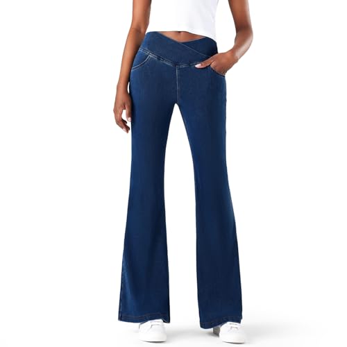 Fanica Women's High Waisted Tummy Smoothing Flare Jeans - Stretch Knit Denim Bell Bottom Pull On Leggings with Pockets