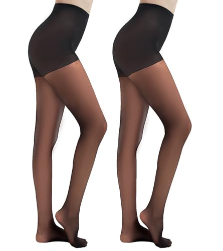 Citystl 2 Pairs Black Sheer Tights for Women - 30D Rip Resistant Tights Control Top Pantyhose with Reinforced Toes