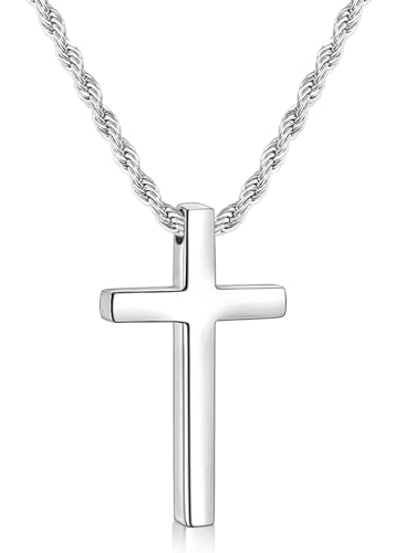 Fiusem Cross Necklace for Men, Mens Cross Necklaces with 2.5mm Rope Chain, Stainless Steel Pendant Chain 16-28 Inch, Jewelry Gift