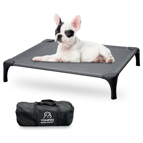 Yaning Outdoor Elevated Dog Bed With Portable Bag, Easy to Assemble for Medium Small Dogs, Raised Cot With Pet-Friendly Feet, Breathable Mesh for Camping or Travel, Dark Grey