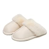 PLMOKN Women's fuzzy slippers men indoor and outdoor anti-skid rubber sole memory foam fluffy cute house bedroom pillow slides, A-white/36-37
