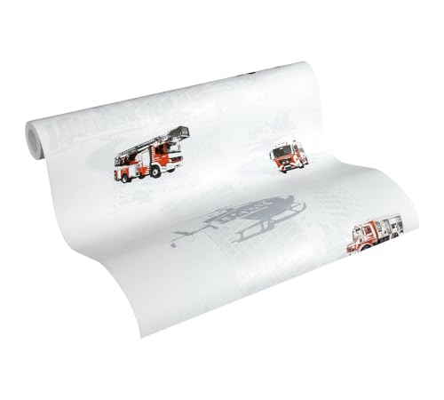 A.S. Création PVC-freie Vliestapete Little Stars Tapete mit Feuerwehr Autos 10,05 m x 0,53 m grau rot schwarz Made in Germany 358131 35813-1