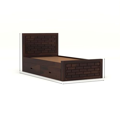 Image of Solid Sheesham Wood Single Size Bed with 2 Drawer Storage Wooden Single Cot Bed for Home Living Room Bedroom Guest Room Hotel (Walnut, Size 6 * 4)