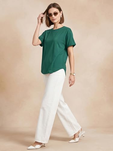 Image of JUNEBERRY Pure 100% Cotton Oversized Loose Fit Drop Shoulder Round Neck Boyfriend Fit Solid Half Sleeves T-Shirt for Women & Girls (Sizes: S to 2XL)