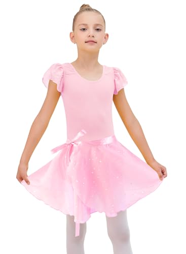 Image of EQSJIU Ballet Leotards for Girls with Removable Skirt Combo Tie Ruffle Sleeve Ballet Dance Dress Outfit 2-12 Years