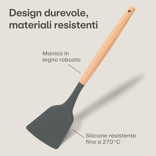 Utensili Cucina in Silicone - 8 Pezzi Utensili da Mestoli Cucina in Silicone con Manico in Legno - Certificato FDA per Alimenti - Con Supporto e Mestoli - Con Fori per Appendere - immagine 5