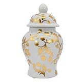 Galt International 8' Home Decor Ceramic Ginger Jar with Lid - Tea Storage, Decorative Centerpiece Accent Jar Jingdezhen Chinese Style Porcelain (Gold & White)