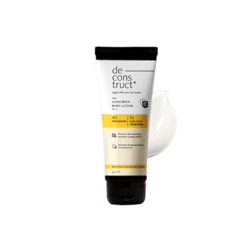 Image of Deconstruct Detan Sunscreen Body Lotion SPF 50 PA++++ | Broad Spectrum UVA and UVB Protection| Lightweight , Water-Resisitent , Non-Greasy Formula | With Kojic Acid & Niacinamide for Reducing Tan Lines & Skin Brightening | All Skin types | 90 ml