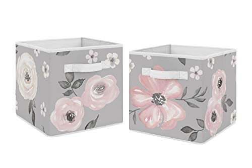Image of Sweet Jojo Designs Grey Watercolor Floral Foldable Fabric Storage Cube Bins Boxes Organizer Toys Kids Baby Childrens - Set of 2 - Blush Pink Gray and White Shabby Chic Rose Flower Farmhouse