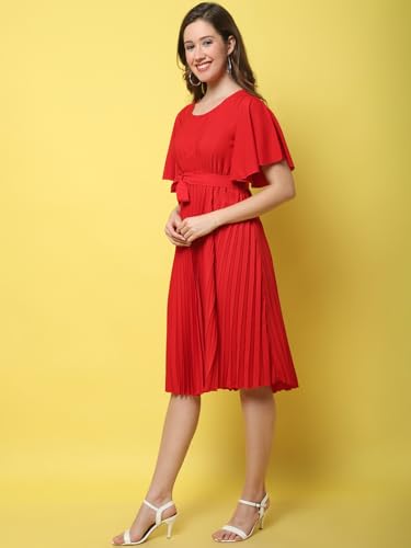 Image of Fabflee Women's Polyester A-Line Standard Length Dress (FB-P1-Pleated-205 XL Red