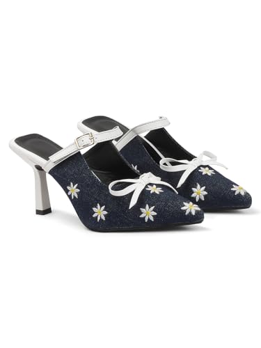 Image of TRYME Denim Embroidered Mules Style Bow Pointed Toe Slip-on Stilettos Heel Sandals for Womens and Girls