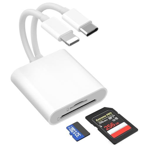 Dual Connector Dual Slot MicroSD/SD Card Reader for iPhone iPad, Lightning & USB C SD Card Reader, Camera Memory Card Reader, USB-C OTG Adapter for Devices with iOS/Android/Other Systems