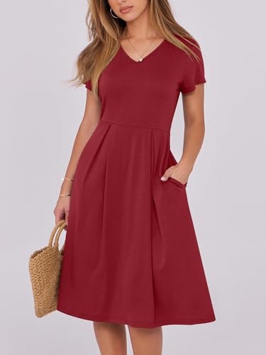 Image of ANRABESS Women Summer Dress Casual Short Sleeve V Neck A-Line Knee Length Pleated Flowy 2026 Fashion Midi Dresses with Pocket