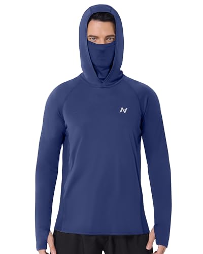 isnowood Men's UPF 50+ Fishing Sun Hoodie, UV Protection Long Sleeve Hooded Shirt with Mask for Hiking outdoor Deep Sea Blue