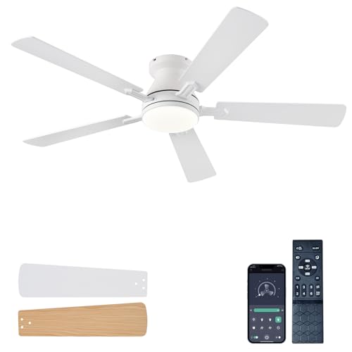 Image of Ayaoty 54 inch Ceiling Fans with Lights and Remote, Low Profile Ceiling Fan with Light, Flush Mount, Reversible, 3CCT, Dimmable, Noiseless, White Ceiling Fan for Bedroom, Indoor /Outdoor Use