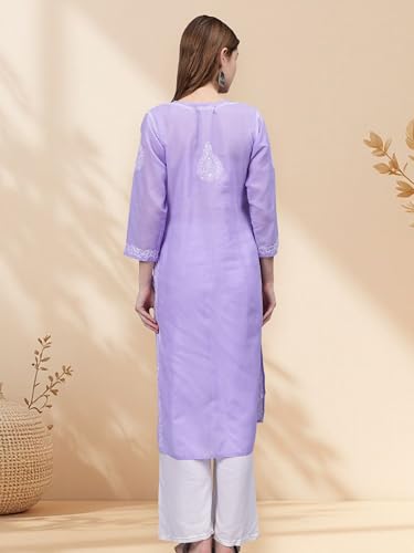 Image of Seva Chikan Hand Embroidered Lucknowi Chikankari Appricoat Peach Terivoil Cotton Kurta for Women SCL4603