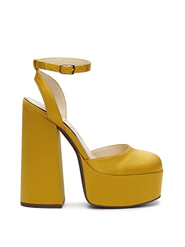 Jessica Simpson Skilla Yellow Mustard Satin Platform Pump Buckle Strap Block Heel (Satin Brass, 6.5) #TOP1