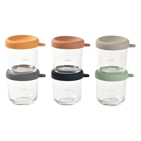 Beaba 6 Pack Glass Baby Food Jars, Freezer, Sterilizer, and Dishwasher Safe, 8 oz Baby Food Storage Jars with Silicone Air Tight Lid, Sunrise Cover