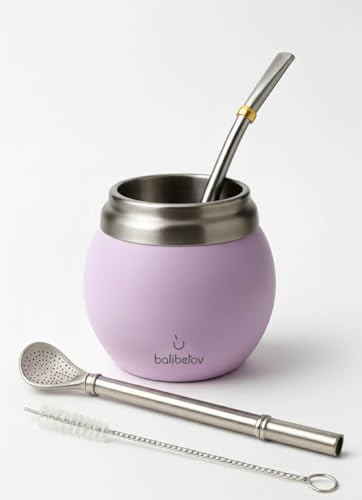 balibetov Calabaza Moderna - Juego Yerba Mate Gourd (Taza Mate) - Doble pared de acero inoxidable 18/8 - Incluye dos bombillas y un cepillo de limpieza (Rosa)