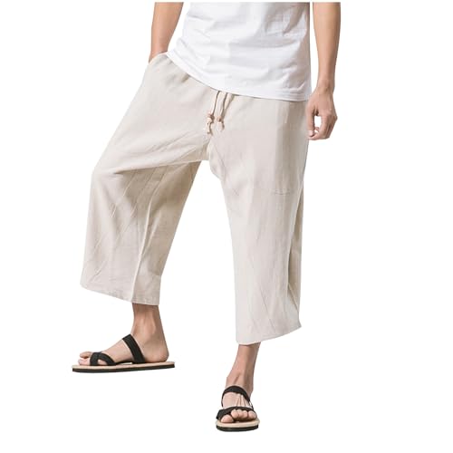 Men's Pants Summer Baggy Capri Pants Relaxed Fit Men Cotton Linen Cropped Trousers Elastic Waist Drawstring Clothing