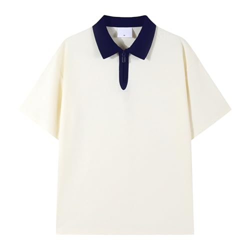 Men Loose Contrast Paul Collar Shirts Quarter Zipper Lapel Cotton Couple Shirt Summer Cute Date Simple Pullover Top (Off Apricot,Medium)