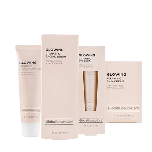 Global Beauty Care Vitamin C Skincare Set – Facial Cleanser (2.5oz), Facial Serum (1oz), Eye Cream (0.5oz), Skin Cream (1.7oz) – with Niacinamide, AHAs & Vitamin E – 4-Piece Kit