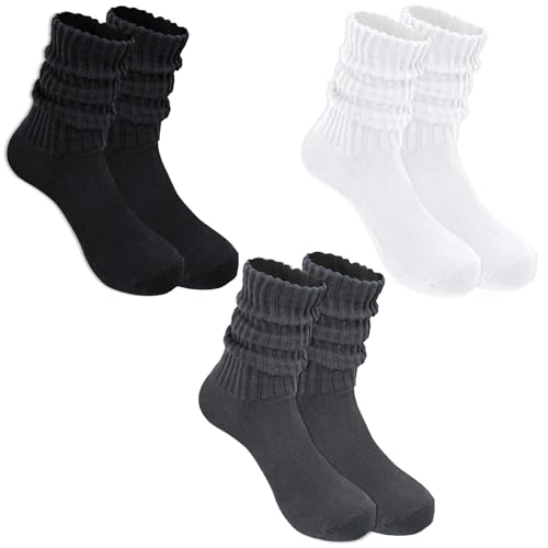Women Crew Socks Slouch Scrunch Cotton Retro Striped Athletic Long Calf Socks Seamless Comfort Fall Winter 3 Pairs
