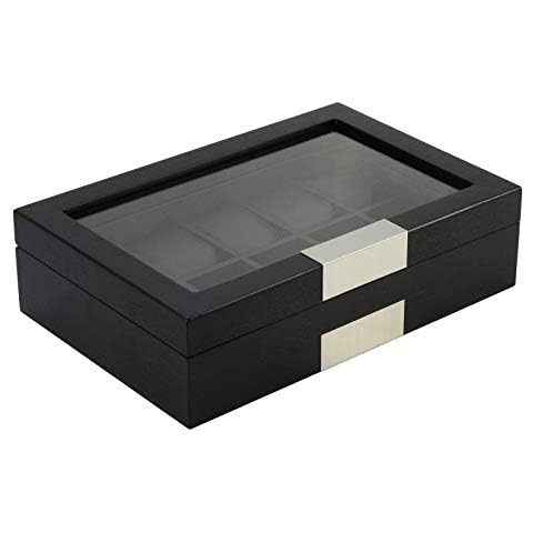10 Piece Black Wood Watch Display Case Storage Organizer Box with Stainless Steel Accents Cover