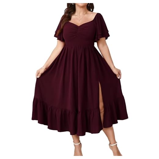 SCOMCHIC Womens Plus Size Wedding Guest Cocktail Dresses Sweetheart Neckline Short Sleeve Smocked Ruffle Slit Maxi Dress Burgundy