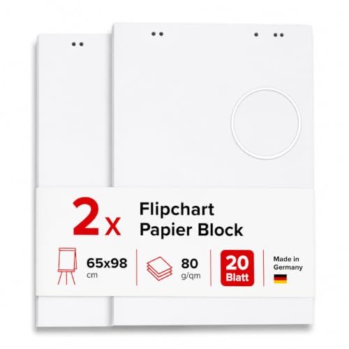 Conipa Blok papieru flipchart 65 x 98 cm – 2 bloki po 20 arkuszy, 80 g/m² – uniwersalne arkusze flipchartów na spotkania, prezentacje i tablice suchościeralne