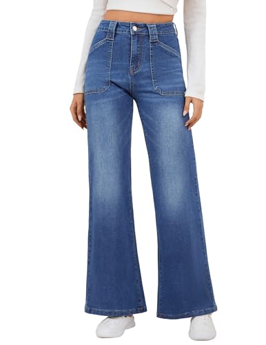 AMPOSH Women’s Wide Leg Jeans High Rise Stretch Denim Pants – Casual Loose Flare Fit with Pockets(Medium Blue, Medium)