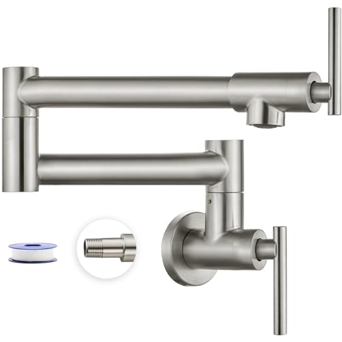 Heyalan Pot Filler Faucet Wall Mounted Stainless Steel 304 Brushed Nickel Double Joint Swing Folding Arms with Two Handles Single Hole Commercial Kitchen Sink Faucet Control Water