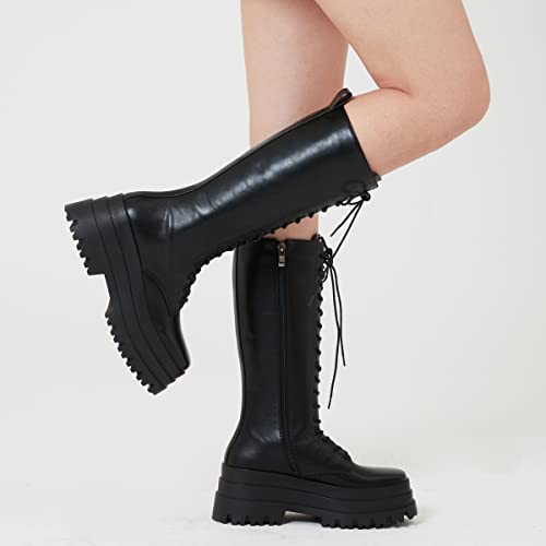 Sarairis Women's Platform Boots Knee High Boots Wedge Heel Square Toe Black Boots Lace Up Punk Mid Calf Boots For Women #TOP6