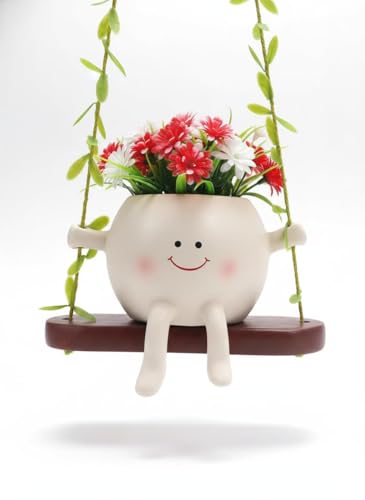Image of KSV Enterprises Decorative Hanging Planter Pot with Swing Shelf, White Resin Smiling Face Design, Indoor Garden Decor for Artificial Flowers