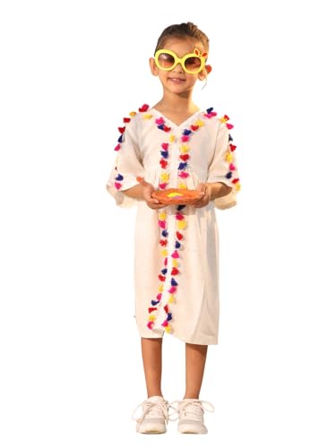 Image of VASTRAMAY Girl's Fit and Flare Knee Length Handcrafted Cotton Blend Flared Dress V-Neck with Colorful Tassel Lace Perfect for Festive Outfit