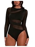 Milumia Women's Sexy Cut Out Sheer Mesh Long Sleeve Bodysuit Crew Neck Body Suits Going Out Bodysuit Tops Black Large
