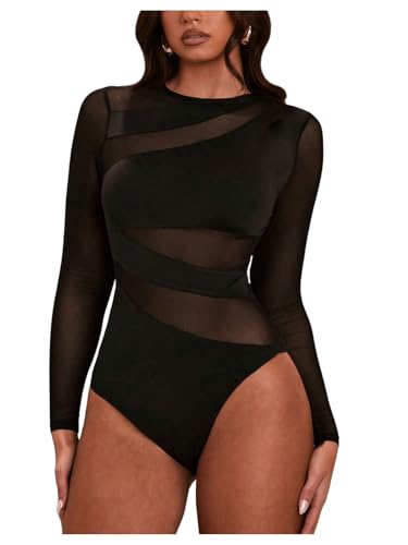 Milumia Women's Sexy Cut Out Sheer Mesh Long Sleeve Bodysuit Crew Neck Body Suits Going Out Bodysuit Tops Black Medium