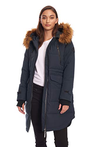 Alpine North Women’s Vegan Down Drawstring Winter Parka - Water Repellent, Windproof, Insulated Jacket With Faux Fur Hood, Navy, Large #TOP1