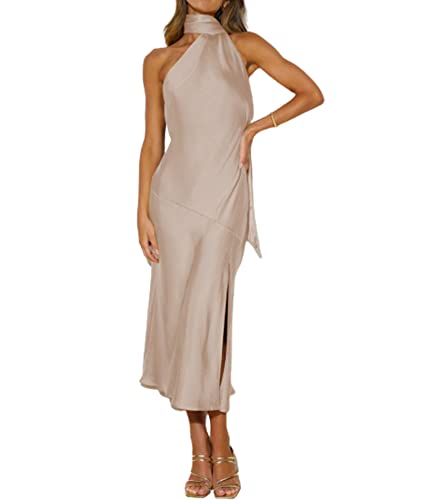 Image of Sexyshine Women's Elegant Halter Tie Neck Sleeveless Satin Long Dress Backless Split Cocktail Party Formal Wedding Maxi Dress