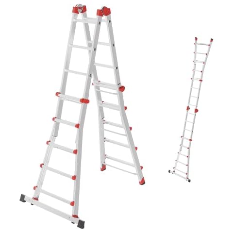 Hailo M80 Alu-Multifunktionsleiter | Schiebeleiter 4 x 5 Sprossen belastbar bis 150 kg | Sicherheitsgelenke und Rastgriffe | sprossenweise höhenverstellbar | Mehrzweckleiter rostfrei | Silber Cover