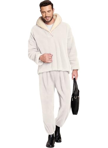 Image of Mens Fluffy Coral Fleece Pajamas Set Pullover Pants Loose Plush Warm Loungewear Sleepwear