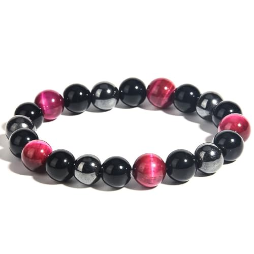 Qiwenr Bracelets for Men and Women, Beaded Bracelets for Men Women, Natural Energy Stone Yoga, Beads Stone Bracelets for Good Luck, Buddha Bracelet With, Tigers Eye Bracelet Hematite Beads (Rose Red)