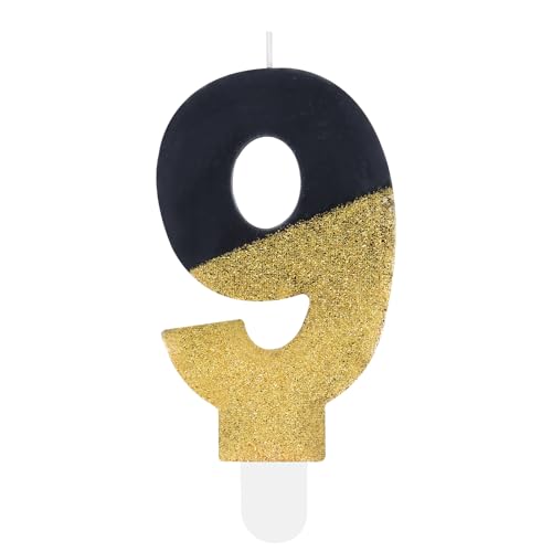 Hongplus Black Gold Glitter 9th Birthday Candles, Number 9 Candle, Cakes Candle, Candles for Cake, Happy 9th Birthday Cake Topper Decorations for Girls Boys 9 Birthday Anniversary Wedding Party