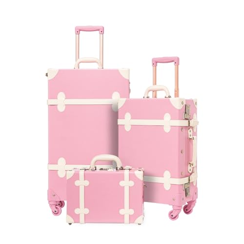 Image of UNIWALKER Vintage Luggage Set of 3, Retro Spinner Trunk with Combo Lock for Women, Cute Designer Travel Suitcase Set with Train Case, 26 inch+20 inch+12 inch, Rose Pink