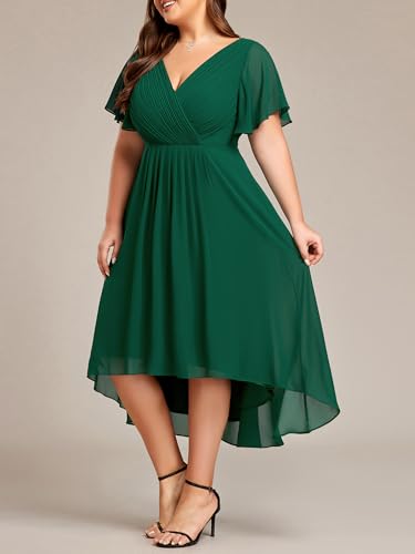 Image of Ever-Pretty Plus Summer Short Sleeves V-Neck Formal Wedding Guest Dresses for Curvy Women Chiffon Midi Cocktail Party Dress