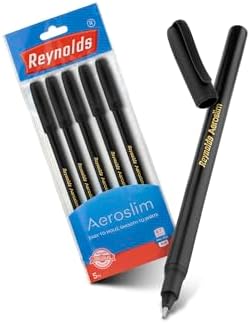 Reynolds AEROSLIM Ball Pen SET - 5 BLACK PENS WITH COMFORTABLE GRIP | Black BALL PENS FOR WRITING | PEN FOR STUDENTS & OFFICE STATIONERY | 0.7 mm TIP SIZE